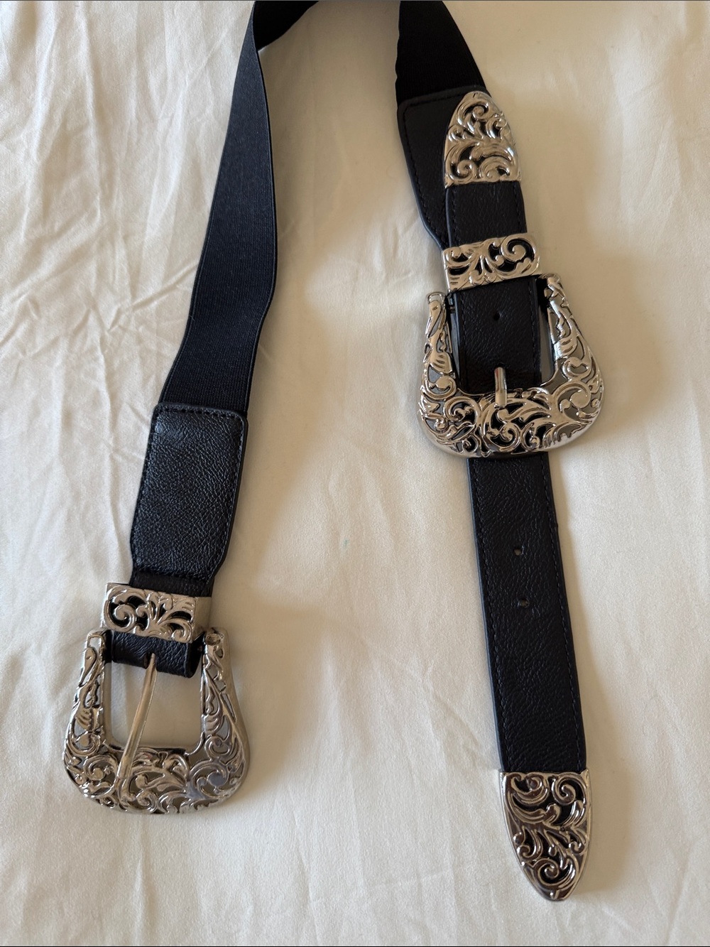 Black Western-Style Double Buckle Belt with Ornate Silver Hardware #33in stretch - Picture 3 of 5